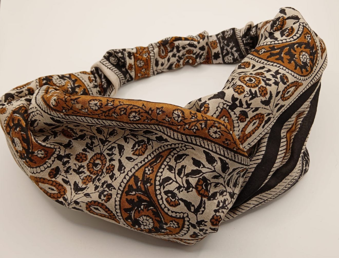Black, white and mustard paisley silk headband