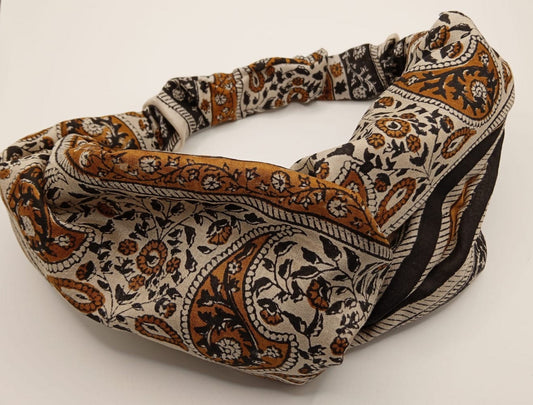 Black, white and mustard paisley silk headband