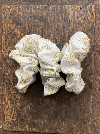 Cotton Hand Block Printed White and Green Scrunchie