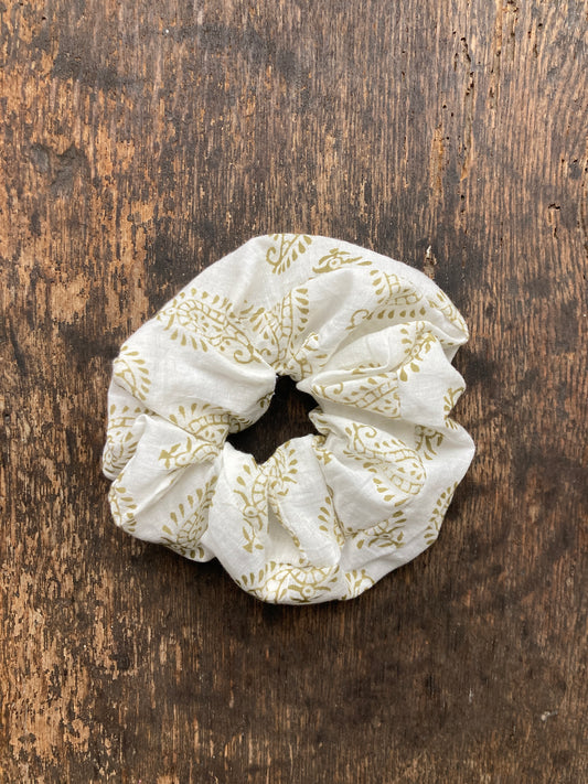 Cotton Hand Block Printed White and Green Scrunchie
